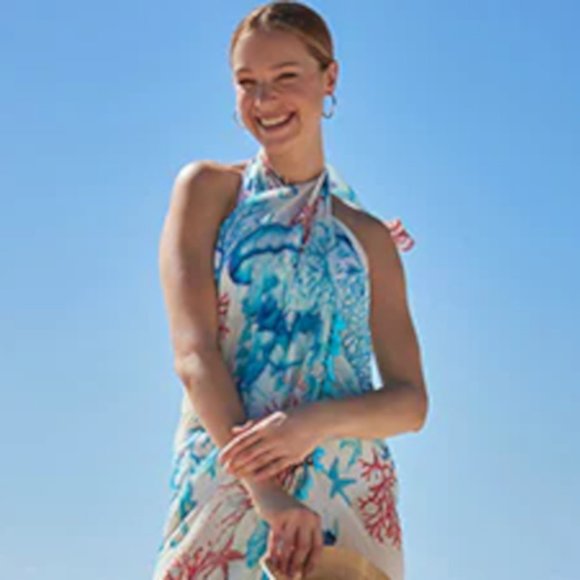 WHBM LARGE JELLYFISH CORAL PRINT CONVERTIBLE PAREO SARONG - Picture 4 of 6